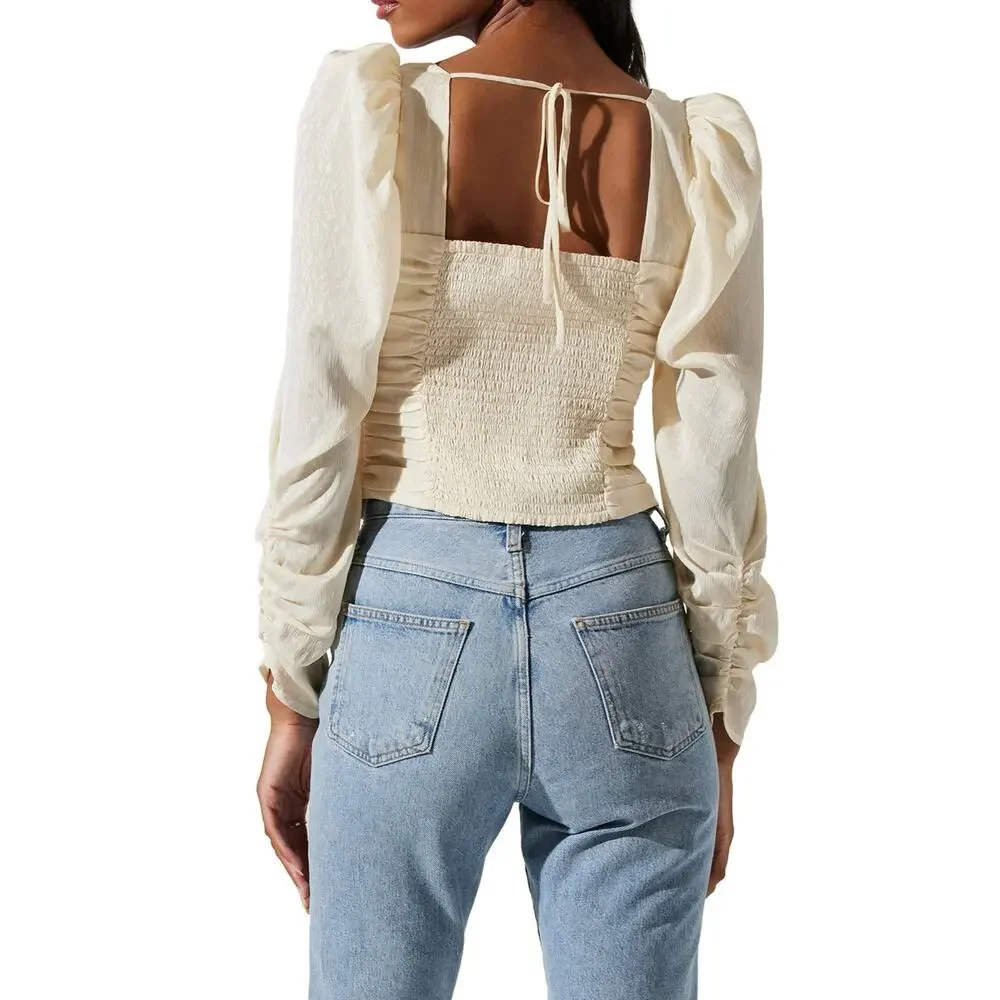 ASTR Ruched Cropped Blouse Small Cream Smocked Party Romantic Coquette Bridal